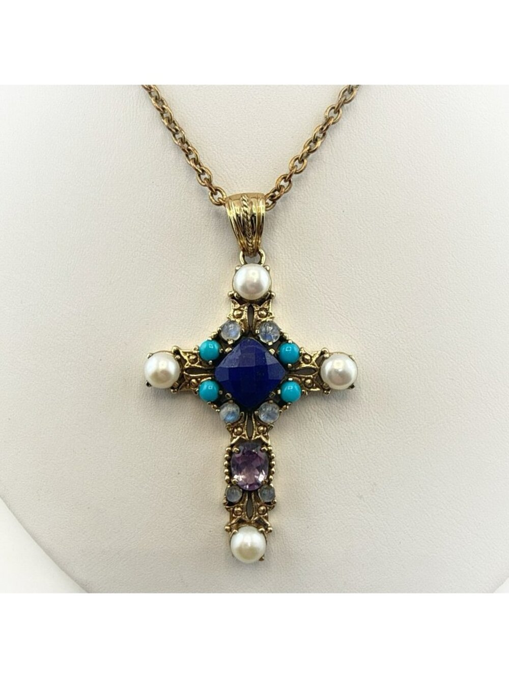 Nicky Butler Necklace Cross Lapis Lazuli Pearl Turquoise Bronze Religious Gem